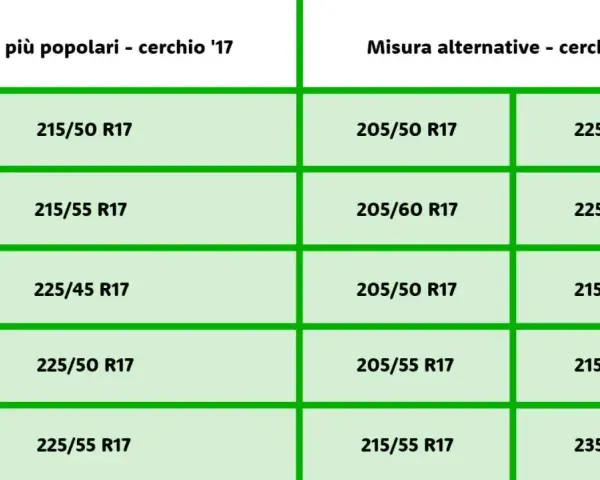 Tabella con misure gomme auto popolari e alternative per cerchi da 17 pollici. Il diametro gomme auto varia.