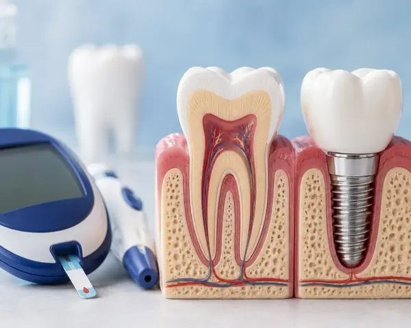 Glukometr i modele zębów, w tym implant, symbolizują troskę o higienę jamy ustnej przy cukrzycy insulinoniezależnej.