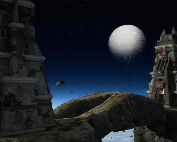 Ruinas de piedra en un mundo alienígena, con un gran planeta en el cielo estrellado. Un escenario perfecto para un combate de Unreal Tournament.