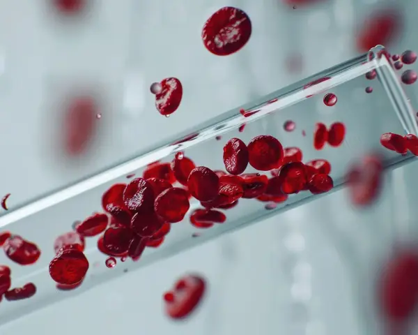 Czerwone krwinki unoszą się w probówce, tworząc obraz przypominający badanie mchc.