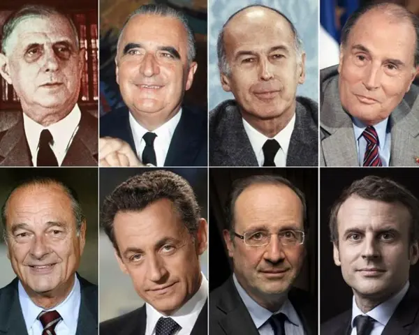 Collage de portraits de la liste des présidents français depuis 1900 : de Gaulle, Pompidou, Giscard d'Estaing, Mitterrand, Chirac, Sarkozy, Hollande, Macron.