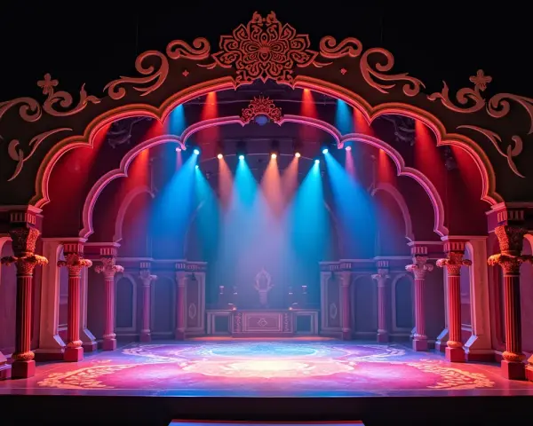 Majestatyczna scenografia teatralna, niczym z baśni tysiąca i jednej nocy, z kolumnami i bogatymi zdobieniami, oświetlona niebieskimi i czerwonymi światłami.