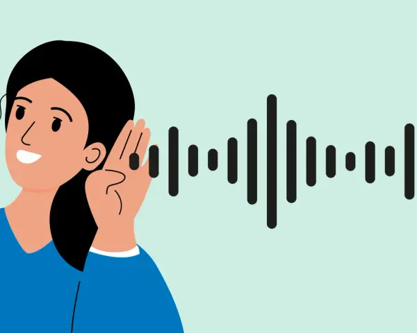Une femme écoute attentivement un graphique d'ondes sonores, symbolisant la pollution sonore.
