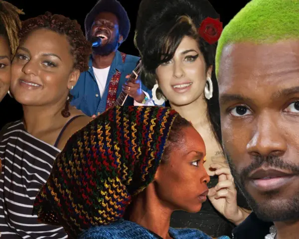 Collage von neo soul artists: Erykah Badu, Amy Winehouse, Frank Ocean, Michael Kiwanuka und anderen.
