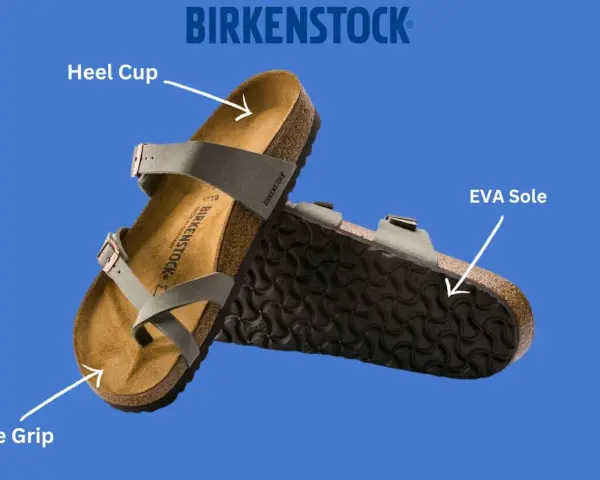 Sandalias Birkenstock con soporte para el arco y talonera, ideales para aliviar la fascitis plantar.