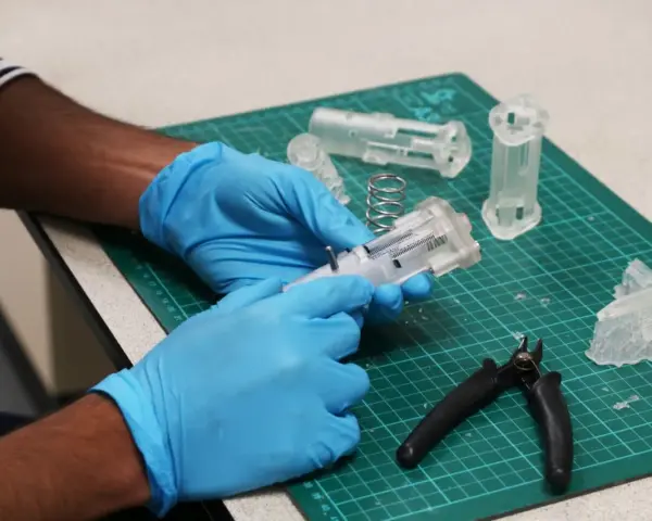 Hands in blue gloves assemble a 3D printed medical device prototype, showcasing innovation in healthcare technology.