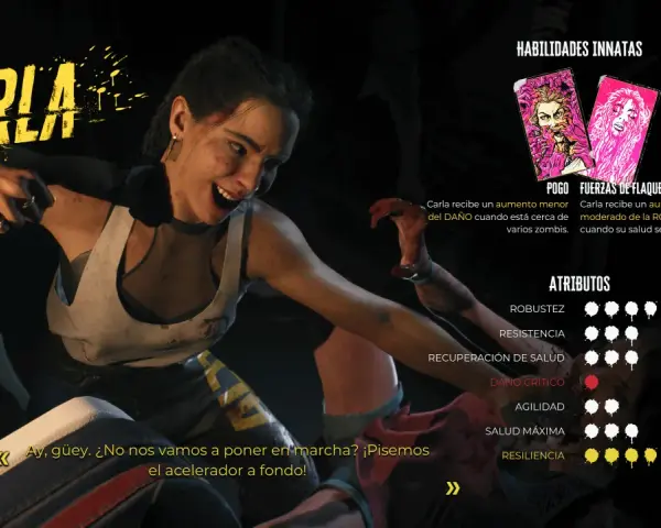 Carla, una de los personajes de Dead Island 2, lista para la acción. Sus habilidades y atributos se muestran en pantalla.