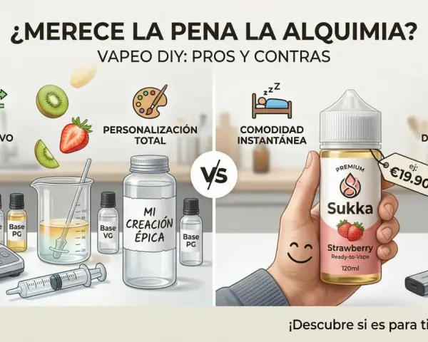 Comparativa de vaper DIY vs. listo para usar. El DIY ofrece ahorro y personalización, mientras que el listo es cómodo y rápido. Botella de líquido vaper 100ml.