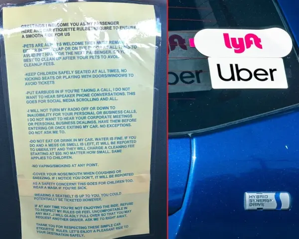 Naklejki Lyft i Uber na tylnej szybie samochodu, obok zasad jazdy.