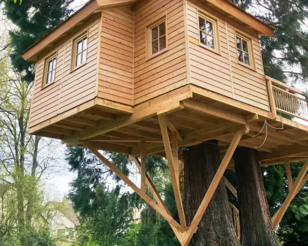 Ein wunderschönes Baumhaus, das auf zwei alten Bäumen gebaut wurde. Die Holzkonstruktion ist solide und einladend.