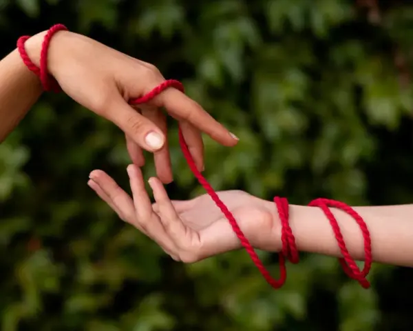 Dwie dłonie połączone czerwoną wstążką na ręce, symbolizującą więź.