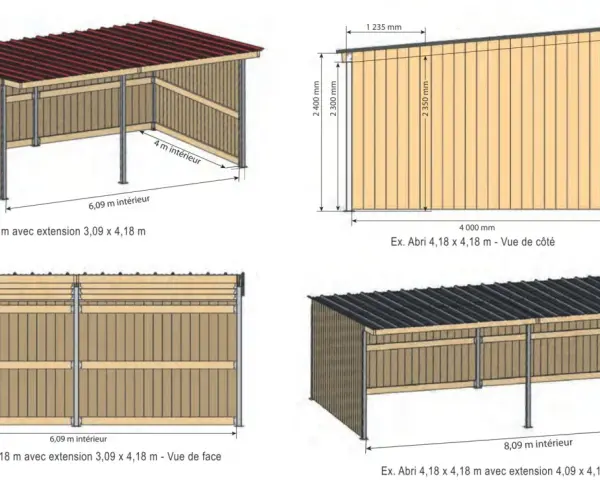 Schémas d'abris pour chevaux, montrant différentes dimensions et configurations. La hauteur abri chevaux varie, avec des mesures indiquées en millimètres et mètres.