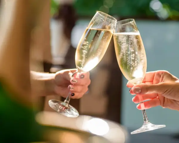 Zwei Hände stoßen mit Gläsern an, gefüllt mit prickelndem alkoholfreiem Sekt. Perfekt für die Schwangerschaft und besondere Anlässe.