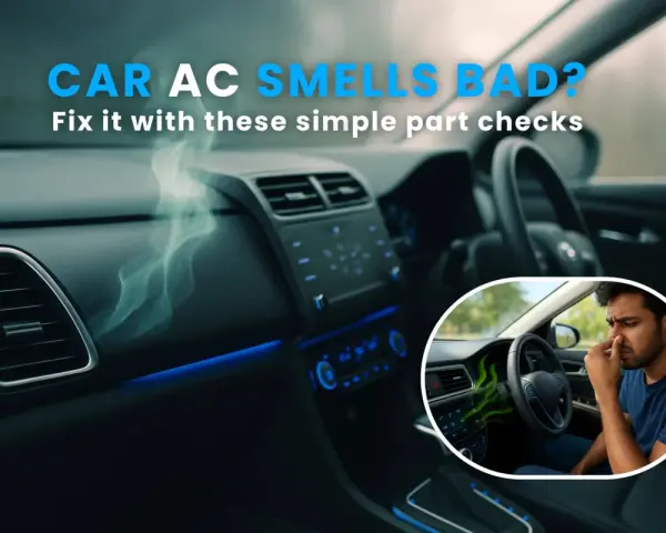 Car AC smells bad? Learn how to remove bad smell from AC car with simple checks. A man pinches his nose in a car with green fumes from the vents.