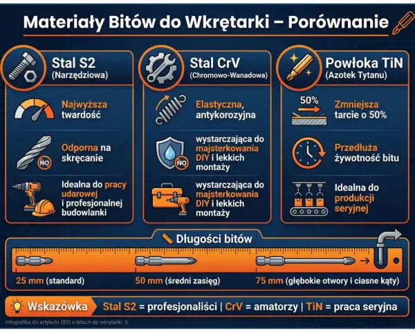 Porównanie materiałów bitów do wkrętarki: stal S2 (najwyższa twardość, odporna na skręcanie), stal CrV (elastyczna, antykorozyjna) i powłoka TiN (zmniejsza tarcie). Długości bitów: 25, 50, 75 mm.