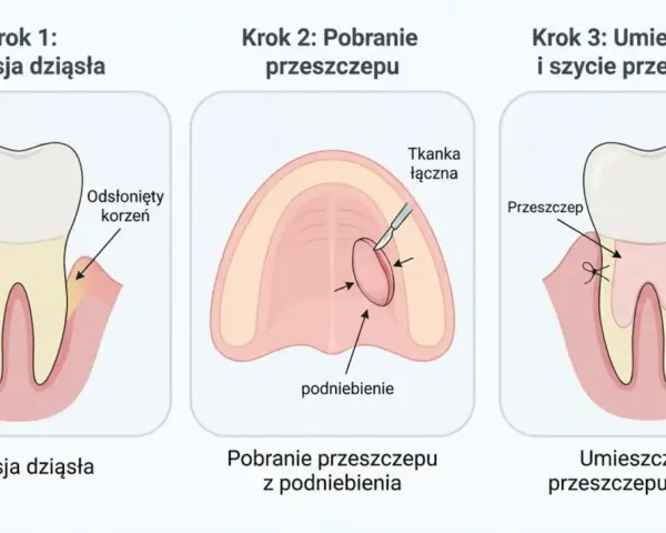Ilustracja przedstawia trzy etapy zabiegu: recesję dziąsła, pobranie przeszczepu z podniebienia i umieszczenie go z szyciem.