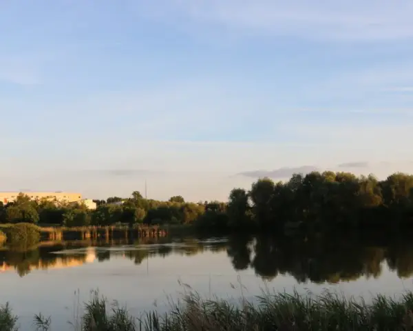 Spiegelglatte Wasserfläche am Wuhletal Wanderweg, reflektiert Bäume und Gebäude. Ein rotes Haus sticht hervor.