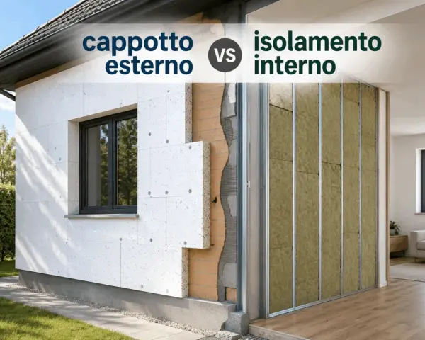 Confronto tra cappotto esterno in polistirene e isolamento interno. La facciata mostra pannelli isolanti bianchi, mentre l'interno rivela la struttura metallica con lana di roccia.