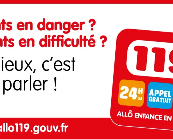Logo du 119 "Allô Enfance en Danger" avec le slogan "Le mieux, c'est d'en parler !".