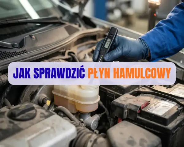 Mechanik w rękawiczce sprawdza testerem poziom płynu hamulcowego w komorze silnika.