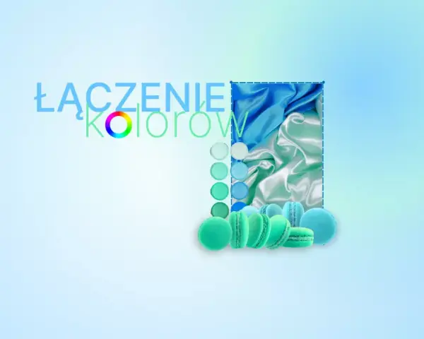 Łączenie kolorów: paleta odcieni niebieskiego i zielonego, jedwabne tkaniny oraz makaroniki.