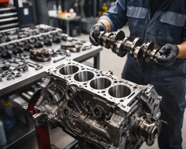 Mechanik w czarnych rękawiczkach trzyma wałek rozrządu nad blokiem silnika. Na stole leżą narzędzia i części, gotowe do remontu silnika 2T.