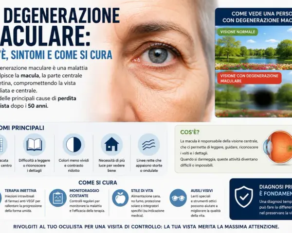 La degenerazione maculare è una delle principali cause di perdita della vista dopo i 50 anni, compromettendo la visione centrale.