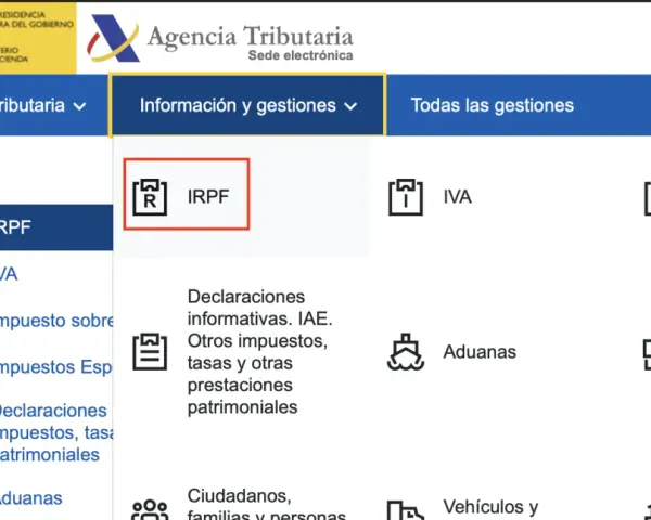 Página de la Agencia Tributaria con opciones como IRPF, IVA, Impuesto sobre Sociedades. El modelo 100 AEAT se gestiona aquí.