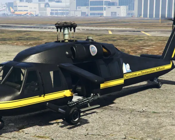 Czarny helikopter z żółtymi pasami i napisem "Patriotism and Immigration Authority". Idealny do misji w GTA San Andreas, jeśli znasz kod na helikopter.