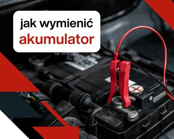 Czerwony kabel z klemą podłączony do akumulatora samochodowego. Tekst: "jak wymienić akumulator".