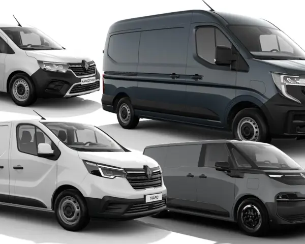 Kolekcja renault van: biały Kangoo Van, szary Master, biały Trafic i szary Trafic Van.
