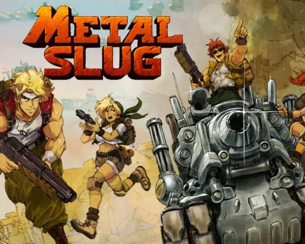 Personajes de Metal Slug corren y disparan junto a un tanque.