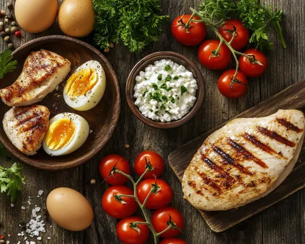 Grillad kyckling, ägg och keso – en bra grund för att veta hur mycket protein per måltid du behöver. Tomater och örter ger fräschör.