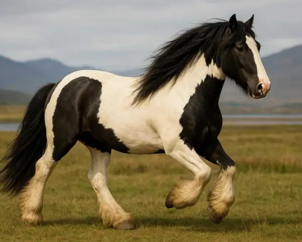 Un magnifique cheval cob gypsy pie noir et blanc galope dans un pré verdoyant, sa crinière au vent.