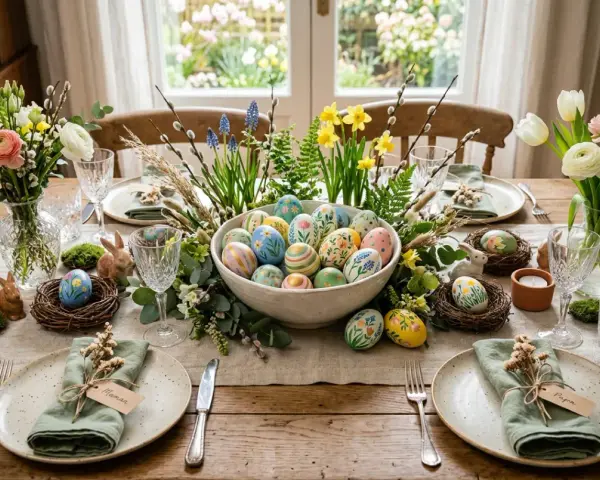 Décoration œuf de Pâques peinture : table dressée avec des œufs peints à la main, fleurs printanières et lapins en céramique.