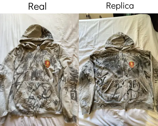 Dwie szare bluzy z kapturem, jedna oryginalna, druga podróbka. Obie z nadrukiem graffiti i herbem. Koszulka Balenciaga męska w wersji oryginalnej i replice.