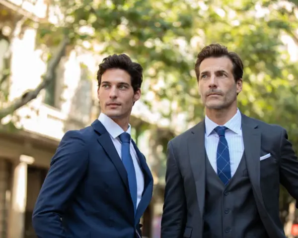 Due uomini eleganti in abiti sartoriali, un esempio di stile delle marche abbigliamento uomo famose, passeggiano in una strada alberata.