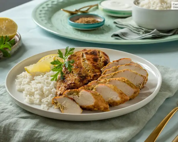 Sabroso pollo tandoori cortado en rodajas, servido con arroz blanco y una rodaja de limón.