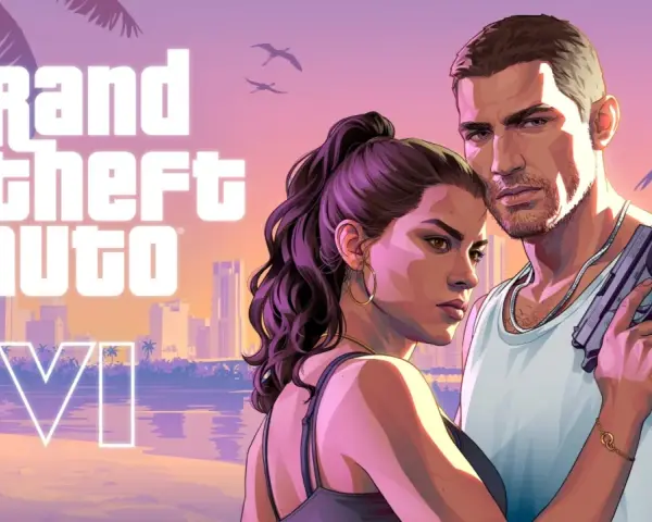 Pareja con arma en mano, fondo de ciudad y palmeras. ¡La espera para cuando sale GTA 6 se hace eterna!