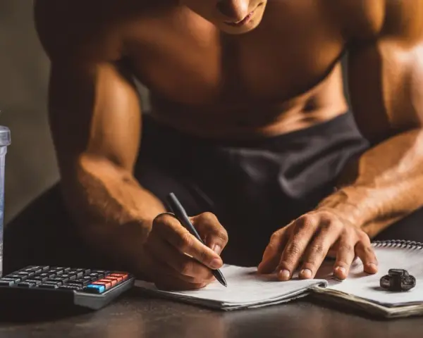 Un athlète calcule combien de protéine par jour il doit consommer, avec un shaker de poudre, une calculatrice et un carnet.