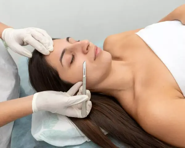 Une esthéticienne effectue un dermaplaning visage sur une femme allongée, utilisant un scalpel pour exfolier délicatement la peau.