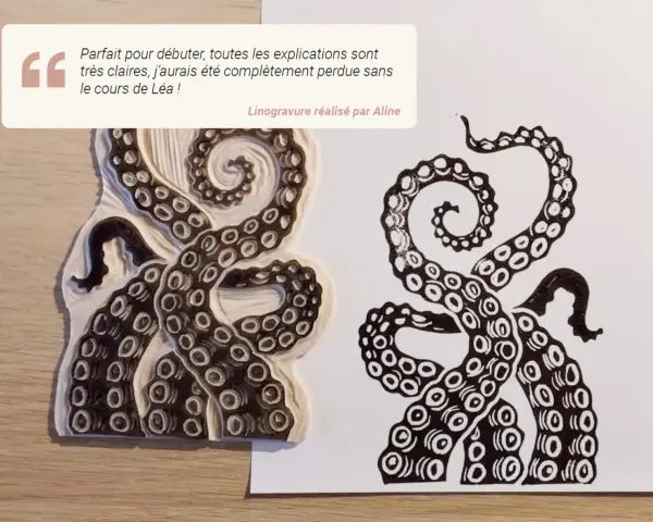 Témoignage sur un cours beaux-arts en ligne gratuit. Une linogravure de tentacules d'une pieuvre, réalisée par Aline.