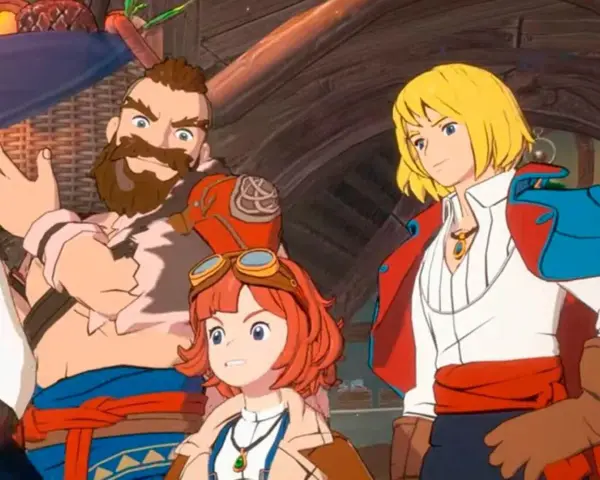 Tres personajes de anime: un hombre barbudo, una chica con gafas y un chico rubio.