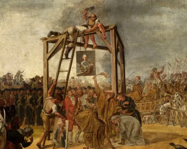 Scena z targowicy: wisielec, tłum, karoce i portret. Dramatyczne wydarzenie historyczne.