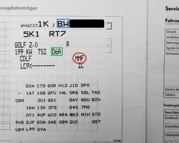 Fahrzeugdatenblatt mit VW Getriebecode Liste. Zeigt u.a. die Kennzeichen BW, D6A und MMF.