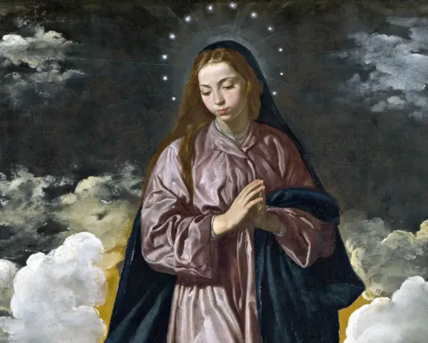 Die Immaculata, umgeben von Wolken und Sternen, verkörpert die reine Gnade. Ihre Hände sind gefaltet, ihr Blick nach unten gerichtet.
