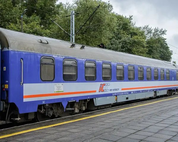 Niebiesko-szary wagon sypialny PKP Intercity stoi na torach. Wygodny przedział sypialny PKP zaprasza do podróży.