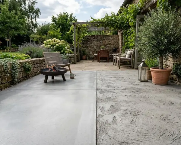 Terrasse avec une finition dalle béton lisse et une autre texturée, mobilier de jardin, brasero et olivier.