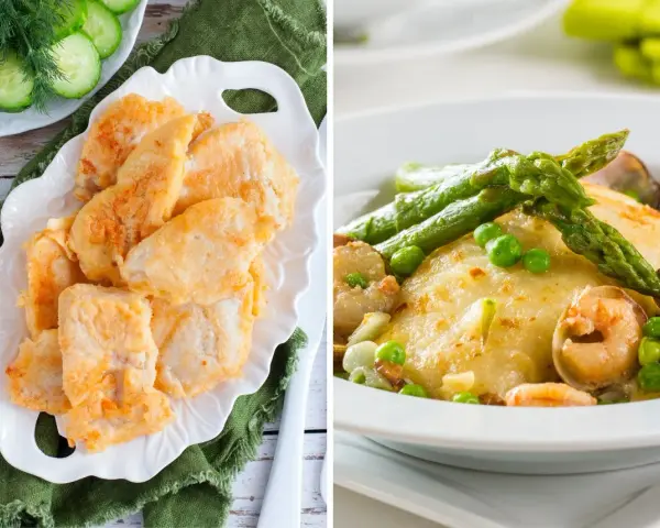 Dos platos de merluza: rebozada con pepino y enharinada con espárragos y guisantes. ¡Ideas para recetas con merluza congelada!