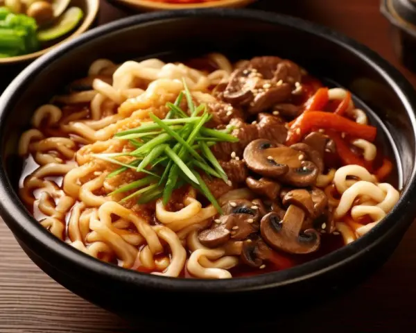 Gęsty, aromatyczny curry udon z wołowiną, grzybami i szczypiorkiem. Pyszne danie w czarnej misce.
